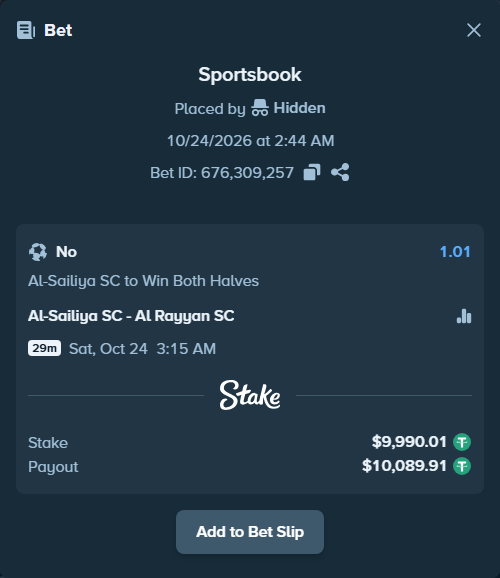 Bet slip: Al-Sailiya SC - Al Rayyan SC, $10,000.00 stake at 1.01 odds, placed by korehato