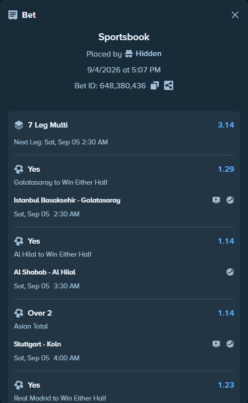 Bet slip: Al Shabab - Al Hilal, $10,000.00 stake at 1.14 odds, placed by Hidden