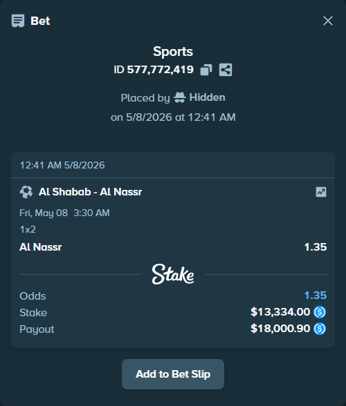Bet slip: Al Shabab - Al Nassr, $13,334.00 stake at 1.35 odds, placed by Hidden