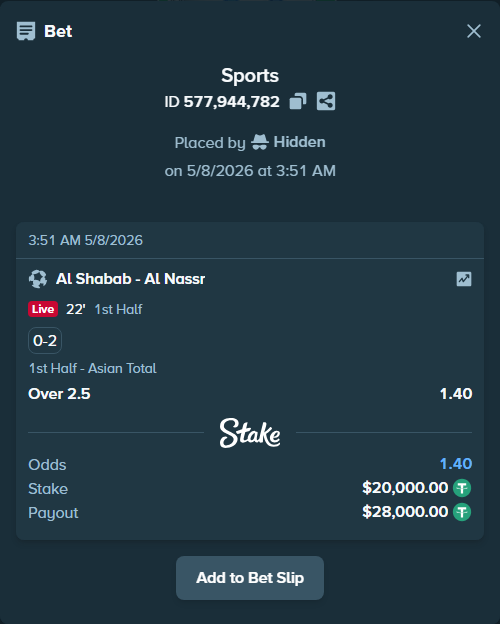 Bet slip: Al Shabab - Al Nassr, $20,000.00 stake at 1.40 odds, placed by Hidden