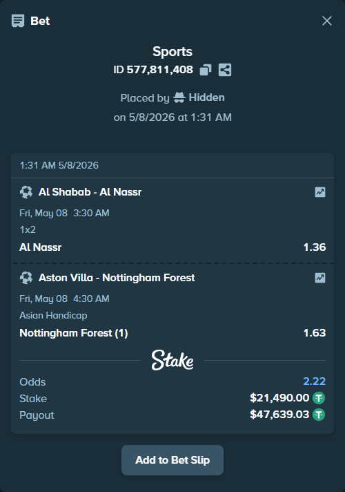 Bet slip: Al Shabab - Al Nassr, $21,490.00 stake at 1.36 odds, placed by Hidden