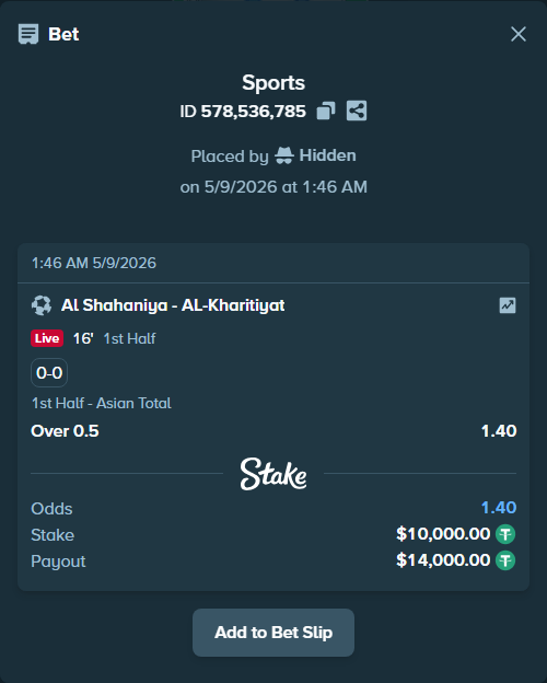 Bet slip: Al Shahaniya - Al Kharaitiyat SC, $10,000.00 stake at 1.40 odds, placed by Hidden