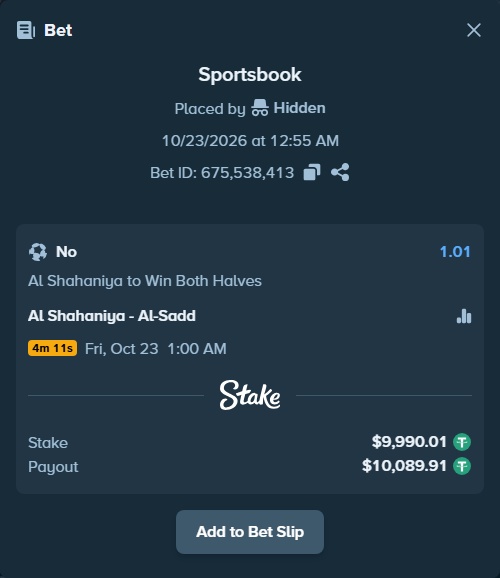 Bet slip: Al Shahaniya - Al Sadd SC, $10,000.00 stake at 1.01 odds, placed by korehato