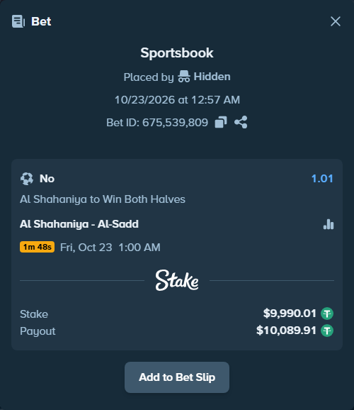 Bet slip: Al Shahaniya - Al Sadd SC, $10,000.00 stake at 1.01 odds, placed by korehato