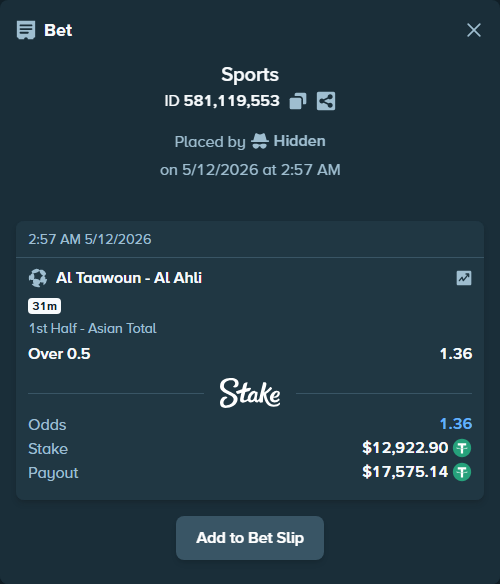 Bet slip: Al Taawoun - Al Ahli, $12,922.90 stake at 1.36 odds, placed by Hidden