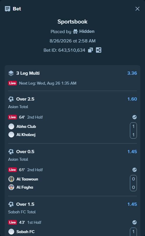 Bet slip: Al Taawoun - Al Fayha, $136,595.00 stake at 1.45 odds, placed by Hidden