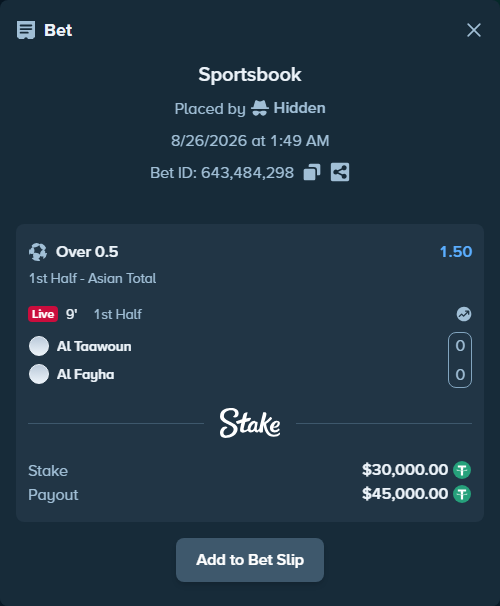 Bet slip: Al Taawoun - Al Fayha, $30,000.00 stake at 1.50 odds, placed by Hidden