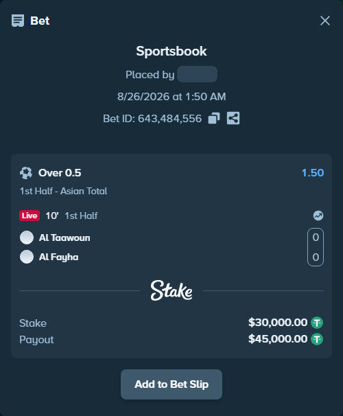 Bet slip: Al Taawoun - Al Fayha, $30,000.00 stake at 1.50 odds, placed by Jackpoor