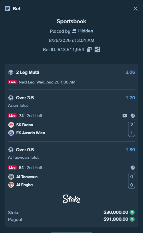 Bet slip: Al Taawoun - Al Fayha, $30,000.00 stake at 1.80 odds, placed by Hidden