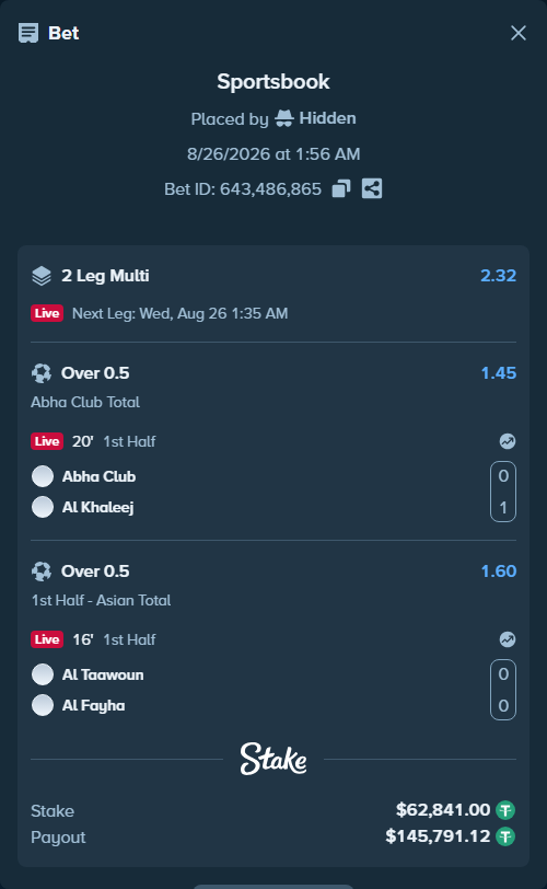 Bet slip: Al Taawoun - Al Fayha, $62,841.00 stake at 1.60 odds, placed by Hidden