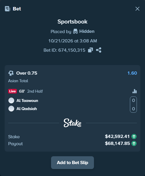 Bet slip: Al Taawoun - Al Qadsiah, $42,635.00 stake at 1.60 odds, placed by Hidden
