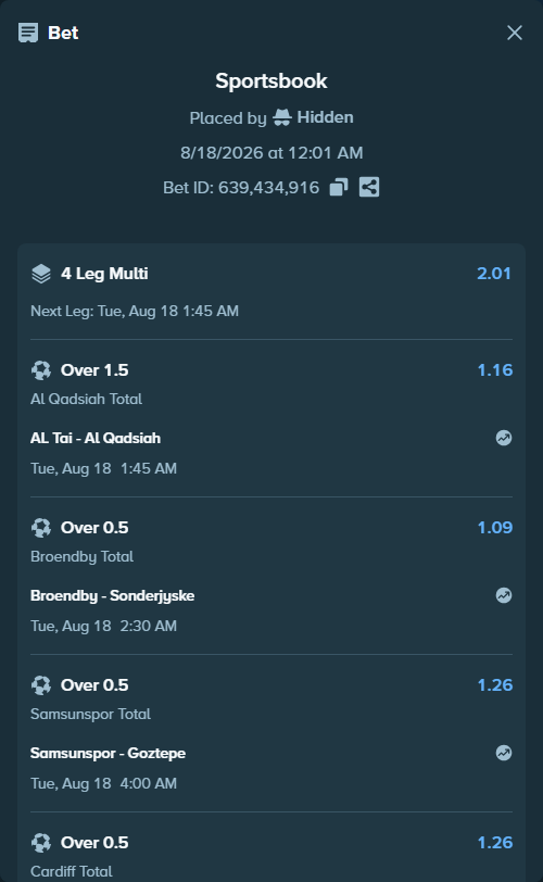 Bet slip: Al-Tai - Al Qadsiah, $10,024.01 stake at 1.16 odds, placed by Hidden