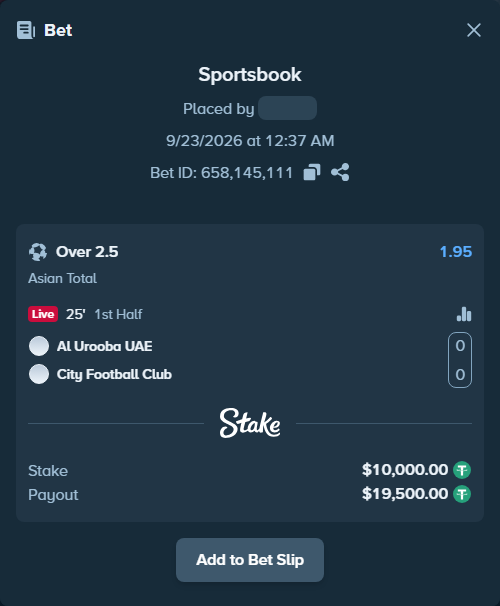 Bet slip: Al Urooba (UAE) - Dubai City FC, $10,000.00 stake at 1.95 odds, placed by tlwns4736