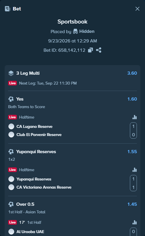 Bet slip: Al Urooba (UAE) - Dubai City FC, $11,031.00 stake at 1.45 odds, placed by Hidden