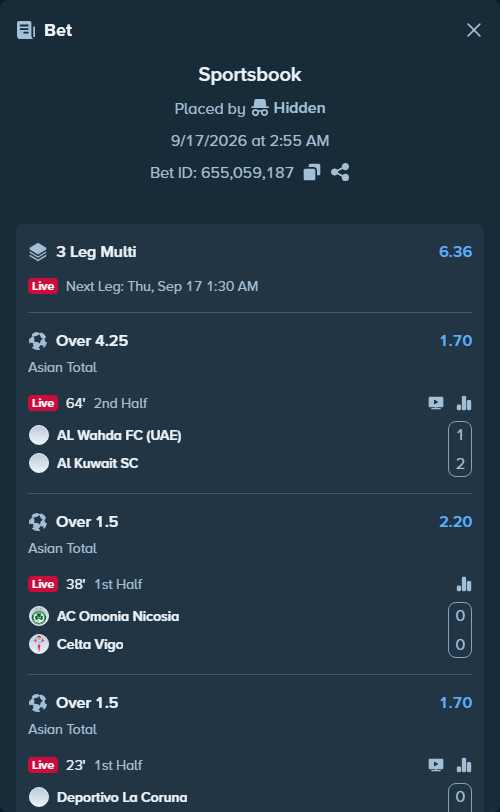 Bet slip: Al Wahda FC (UAE) - Kuwait SC, $10,000.00 stake at 1.70 odds, placed by Hidden