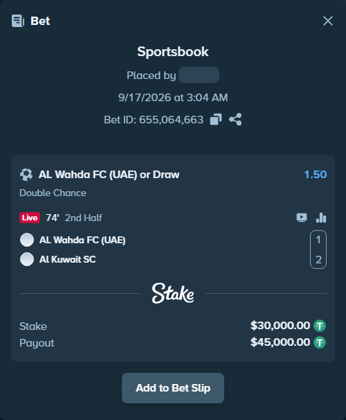 Bet slip: Al Wahda FC (UAE) - Kuwait SC, $30,000.00 stake at 1.50 odds, placed by Jackpoor