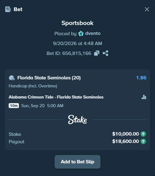 Bet slip: Alabama Crimson Tide - Florida State Seminoles, $10,000.00 stake at 1.86 odds, placed by dvento
