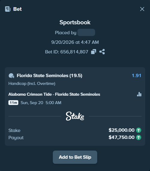 Bet slip: Alabama Crimson Tide - Florida State Seminoles, $25,000.00 stake at 1.91 odds, placed by dvento