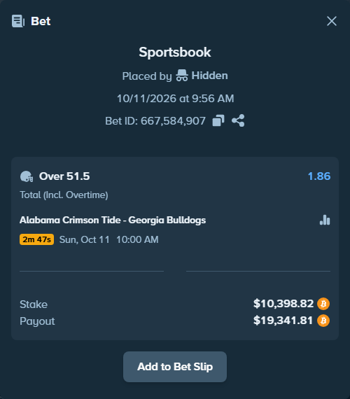 Bet slip: Alabama Crimson Tide - Georgia Bulldogs, $10,401.39 stake at 1.86 odds, placed by Hidden