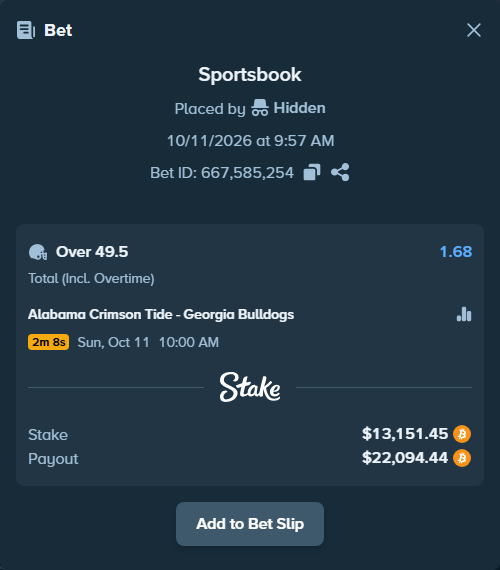 Bet slip: Alabama Crimson Tide - Georgia Bulldogs, $13,154.69 stake at 1.68 odds, placed by Hidden