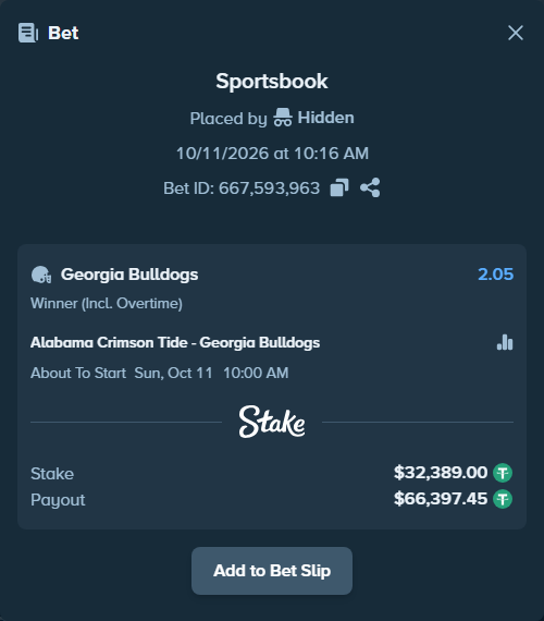Bet slip: Alabama Crimson Tide - Georgia Bulldogs, $32,421.39 stake at 2.05 odds, placed by fhv166151