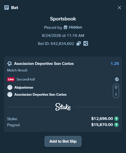 Bet slip: Alajuelense - Asociacion Deportiva San Carlos, $12,694.73 stake at 1.25 odds, placed by Hidden