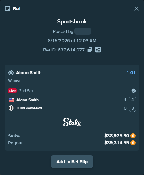 Bet slip: Alana Smith - Julia Avdeeva, $39,060.14 stake at 1.01 odds, placed by messrjaysr