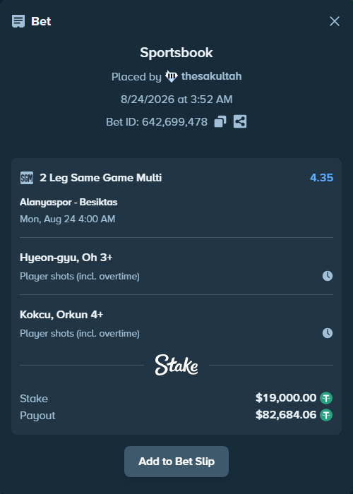 Bet slip: Alanyaspor - Besiktas, $18,998.10 stake at 1.50 odds, placed by thesakultah