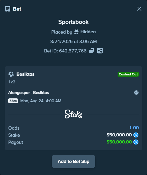 Bet slip: Alanyaspor - Besiktas, $50,000.00 stake at 1.70 odds, placed by Hidden