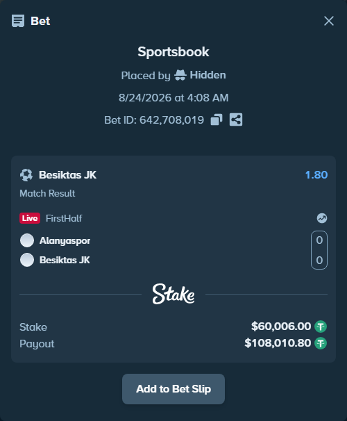 Bet slip: Alanyaspor - Besiktas JK, $60,000.00 stake at 1.80 odds, placed by Hidden