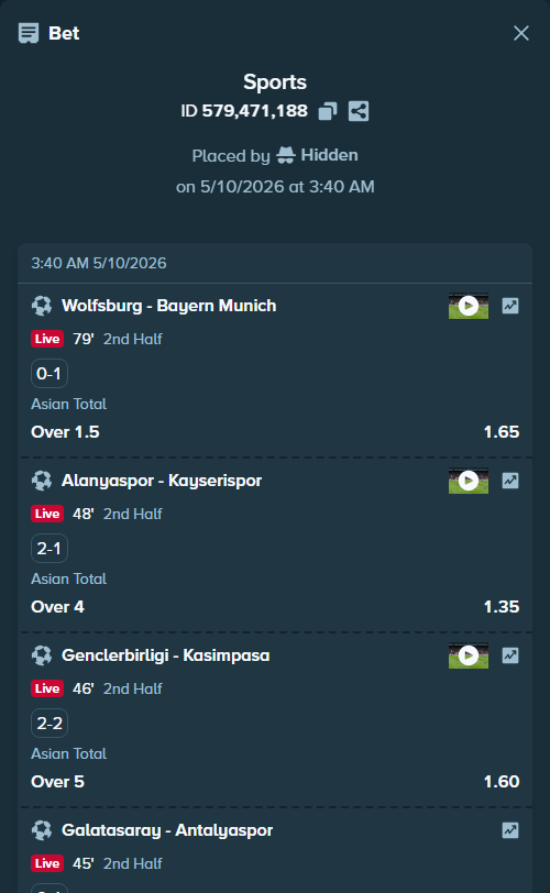 Bet slip: Alanyaspor - Kayserispor, $50,000.00 stake at 1.35 odds, placed by Hidden