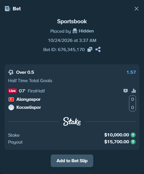 Bet slip: Alanyaspor - Kocaelispor, $10,010.00 stake at 1.57 odds, placed by Hidden