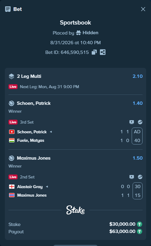 Bet slip: Alastair Gray - Maximus Jones, $30,000.00 stake at 1.50 odds, placed by Hidden