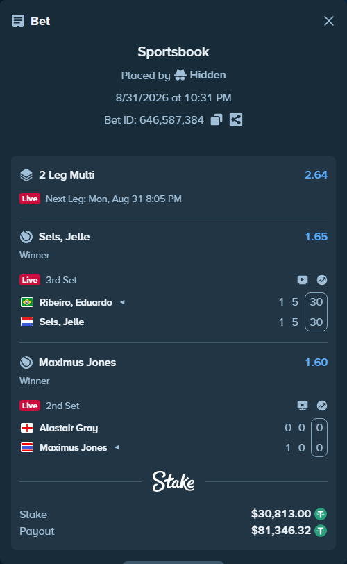Bet slip: Alastair Gray - Maximus Jones, $30,813.00 stake at 1.60 odds, placed by Hidden