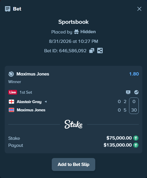 Bet slip: Alastair Gray - Maximus Jones, $75,000.00 stake at 1.80 odds, placed by Hidden