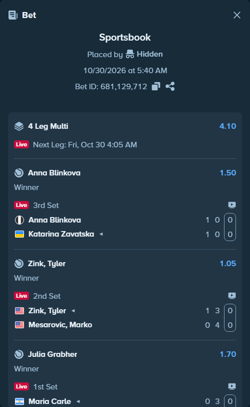 Bet slip: Alastair Gray - Papamalamis, Theo, $10,000.00 stake at 1.53 odds, placed by Hidden