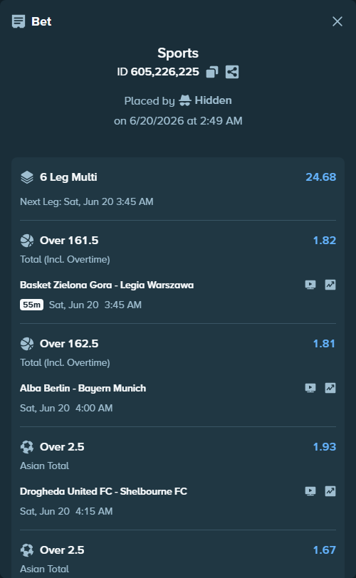 Bet slip: Alba Berlin - Bayern Munich, $15,015.00 stake at 1.81 odds, placed by Hidden