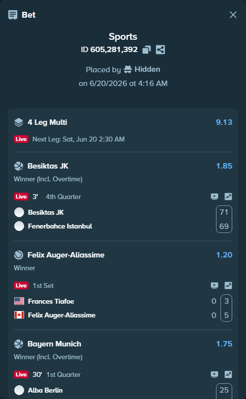 Bet slip: Alba Berlin - Bayern Munich, $15,428.00 stake at 1.75 odds, placed by Hidden