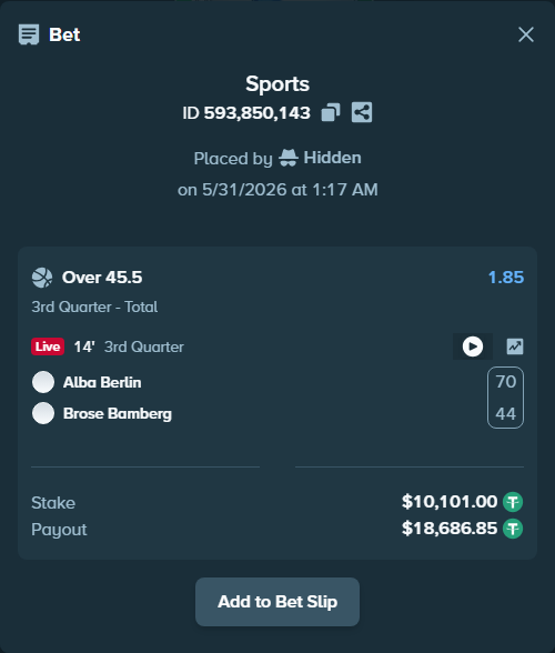 Bet slip: Alba Berlin - Brose Bamberg, $10,111.10 stake at 1.85 odds, placed by Kriski99