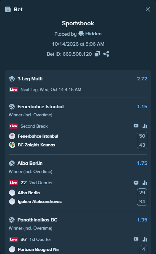 Bet slip: Alba Berlin - Igokea Aleksandrovac, $112,380.40 stake at 1.75 odds, placed by Prettylfacko98