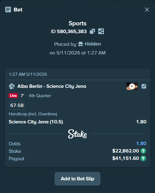 Bet slip: Alba Berlin - Medipolis SC Jena, $22,862.00 stake at 1.80 odds, placed by Hidden