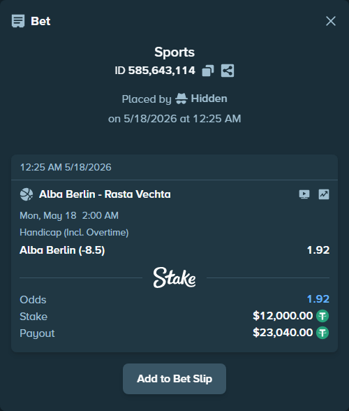 Bet slip: Alba Berlin - Rasta Vechta, $12,000.00 stake at 1.92 odds, placed by Hidden