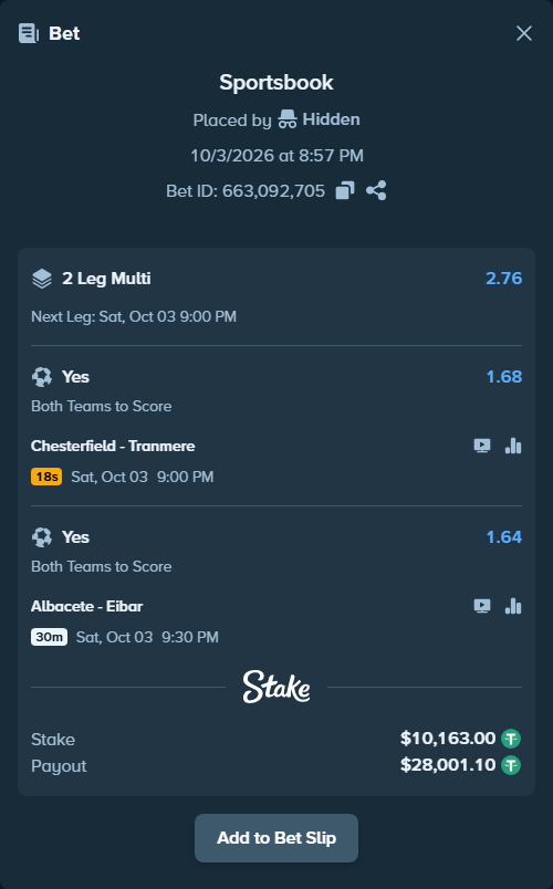 Bet slip: Albacete - Eibar, $10,163.00 stake at 1.64 odds, placed by Hidden