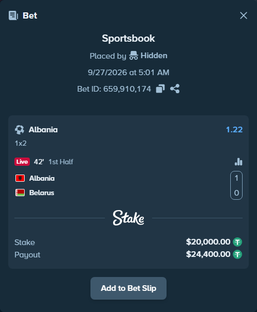 Bet slip: Albania - Belarus, $20,000.00 stake at 1.22 odds, placed by Usklood