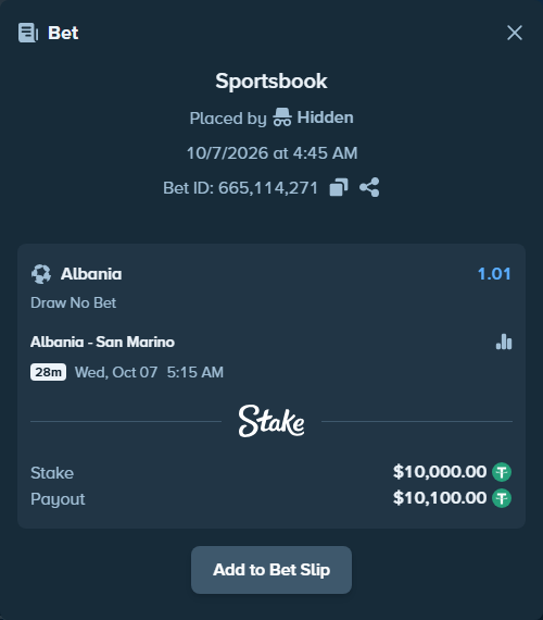 Bet slip: Albania - San Marino, $10,000.00 stake at 1.01 odds, placed by korehato
