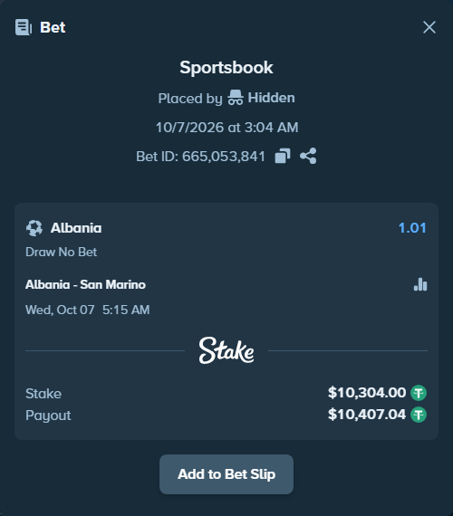 Bet slip: Albania - San Marino, $10,304.00 stake at 1.01 odds, placed by 365028219