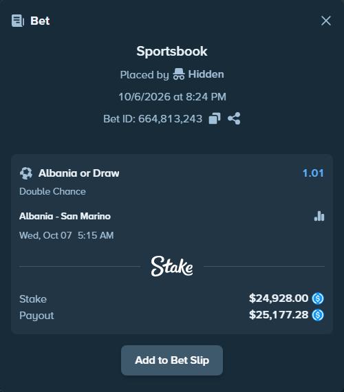 Bet slip: Albania - San Marino, $24,928.00 stake at 1.01 odds, placed by bjellesau17