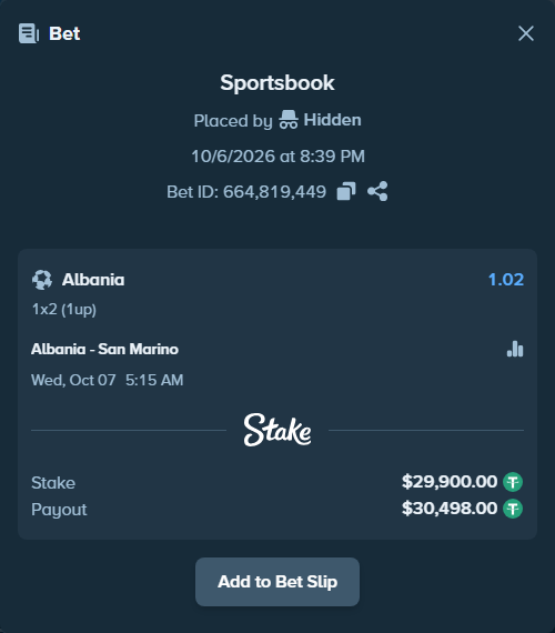 Bet slip: Albania - San Marino, $29,900.00 stake at 1.02 odds, placed by Oskarlindt