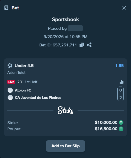 Bet slip: Albion FC - CA Juventud de Las Piedras, $10,000.00 stake at 1.65 odds, placed by Palo6