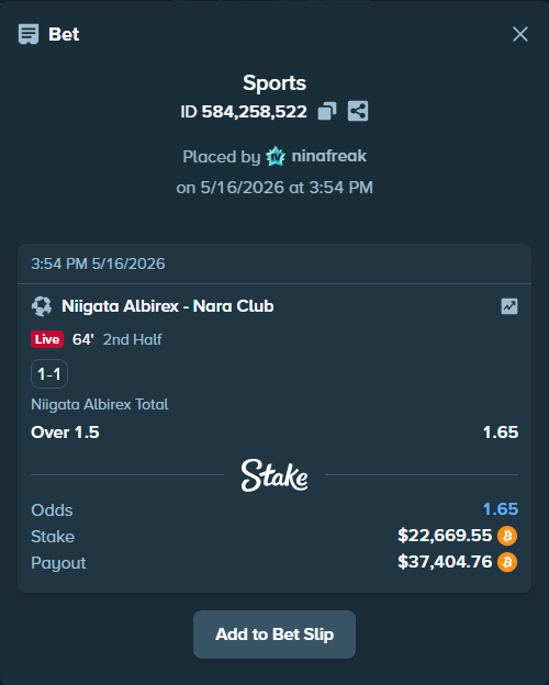 Bet slip: Albirex Niigata - Nara Club, $18,435.99 stake at 1.65 odds, placed by ninafreak
